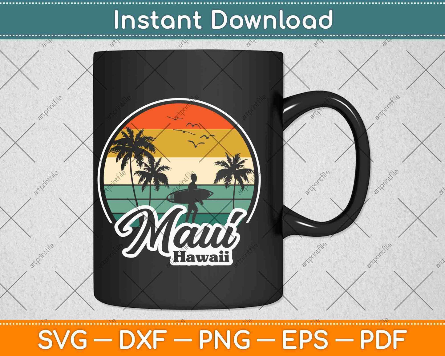Vintage Maui Hawaii Hawaiian Beach Surfing Svg Png Dxf Digital Cutting File