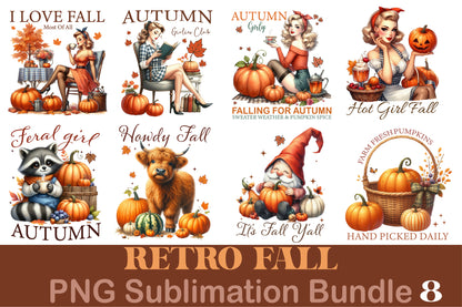 8 Retro Fall PNG Sublimation Bundle Vintage Autumn Pumpkin Girls