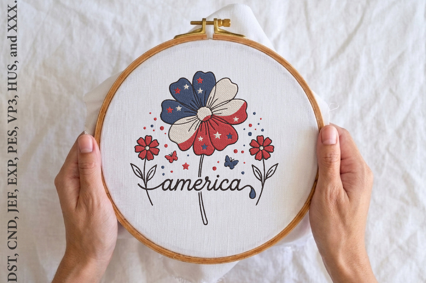 America Flower Embroidery Design – Patriotic American Floral Machine Embroidery Pattern, USA Flower Embroidery Design