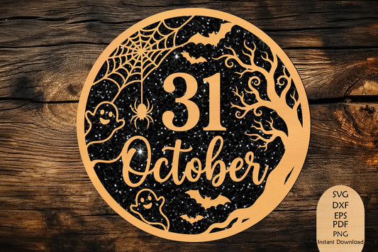 31 October Halloween Round Sign Laser Cut SVG, Spooky Halloween Door Decor