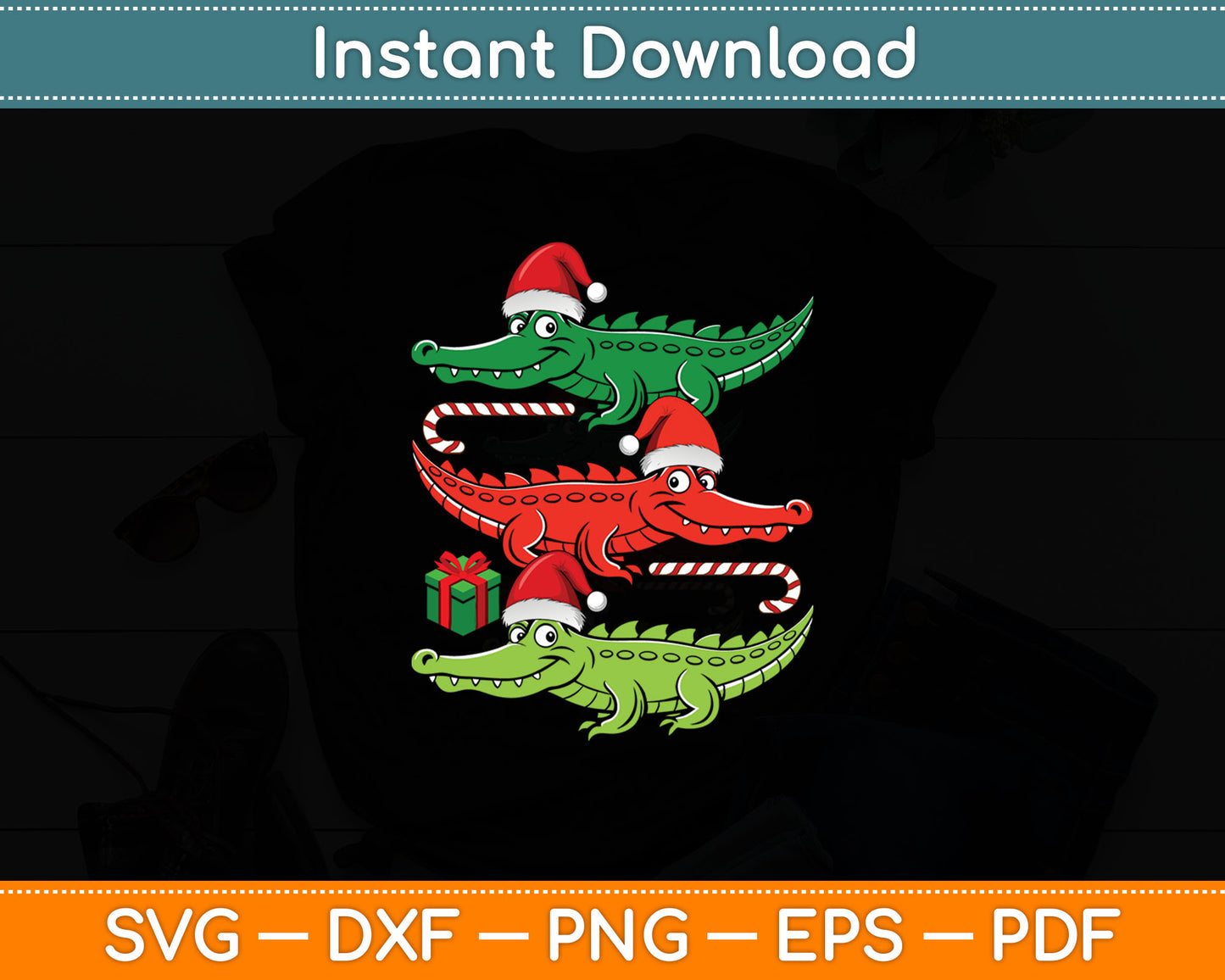 3 Christmas Crocodiles Santa Xmas Alligator Svg Digital Cutting File