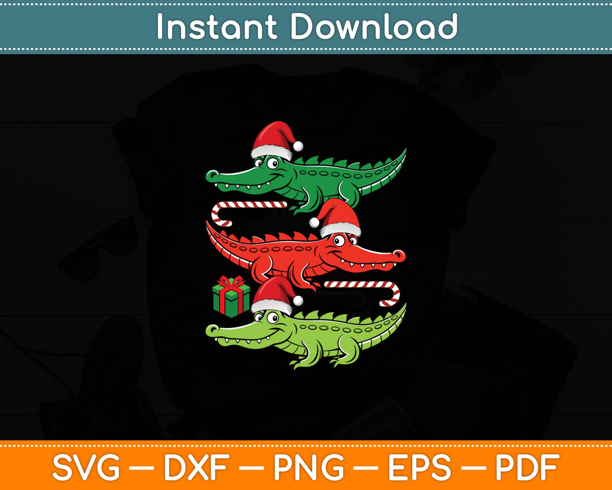 3 Christmas Crocodiles Santa Xmas Alligator Svg Digital Cutting File