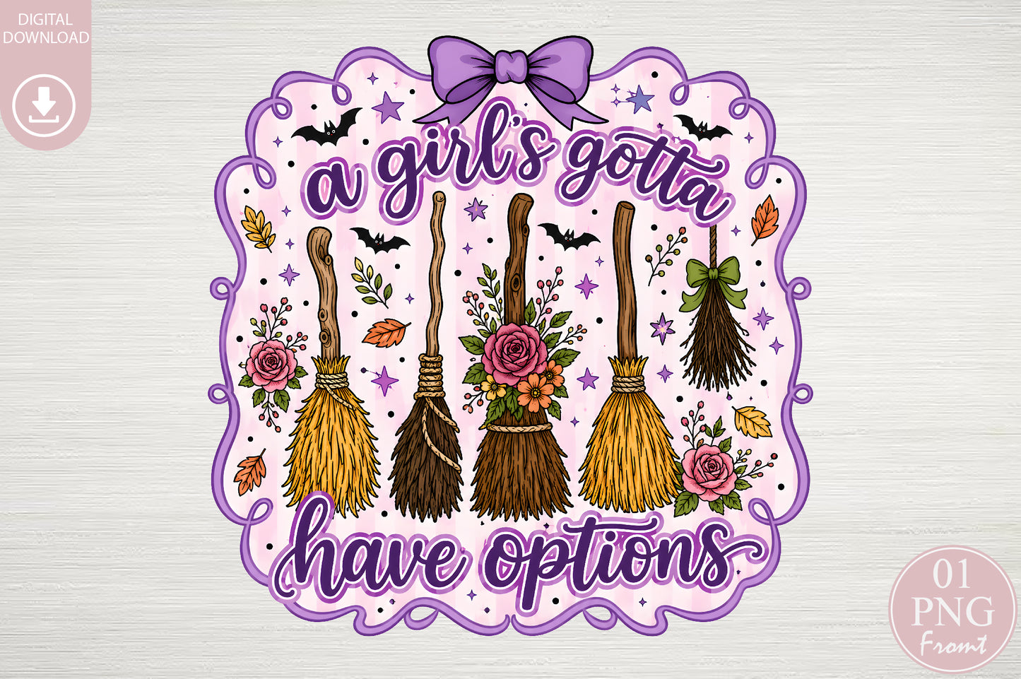 A Girls Gotta Have Options PNG Retro Halloween Witch Broom Sublimation Design