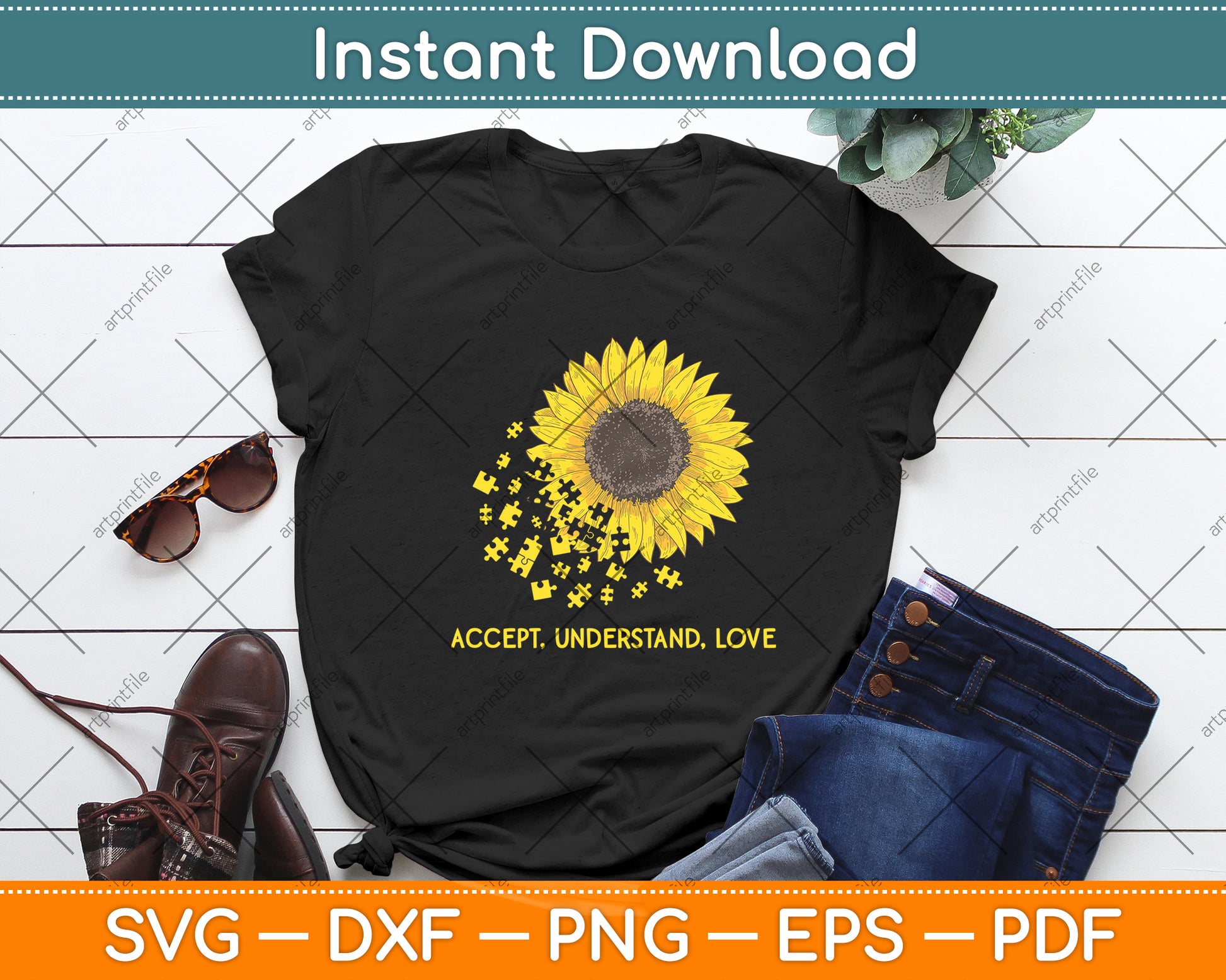 Accept Understand Love Sunflower Autism Awareness Svg Design Digital Cutting File