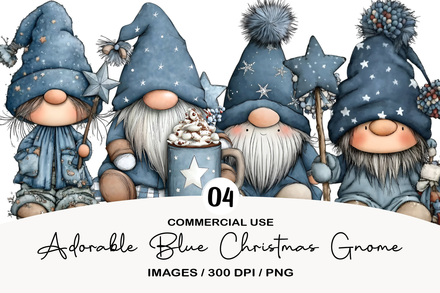 Adorable Blue Christmas Gnome Clipart PNG Bundle | Cute Watercolor Winter Gnome Clipart | Frosted Holiday Gnome PNG