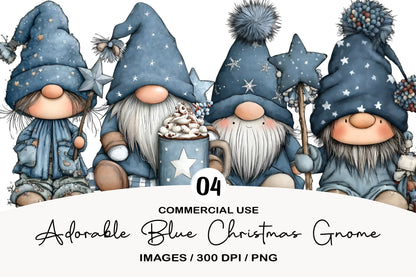 Adorable Blue Christmas Gnome Clipart PNG Bundle | Cute Watercolor Winter Gnome Clipart | Frosted Holiday Gnome PNG