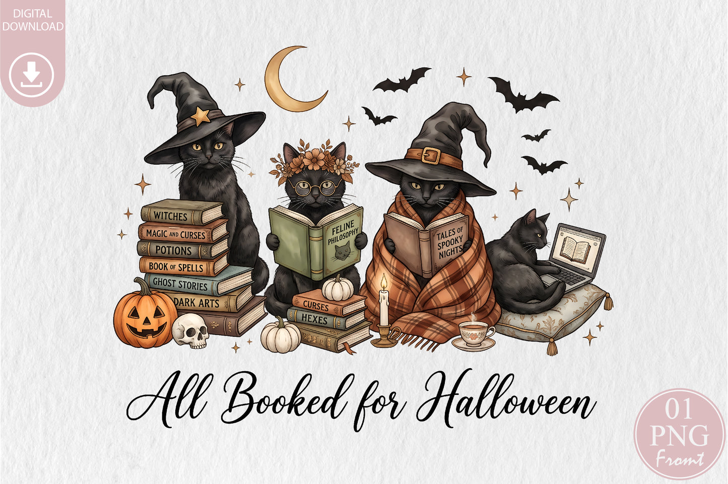 All Booked for Halloween Black Cat PNG Sublimation