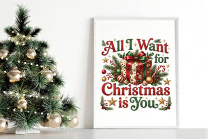 All I Want for Christmas PNG, Christmas Gift Box Holiday Sublimation Design, Festive Xmas Shirt Design