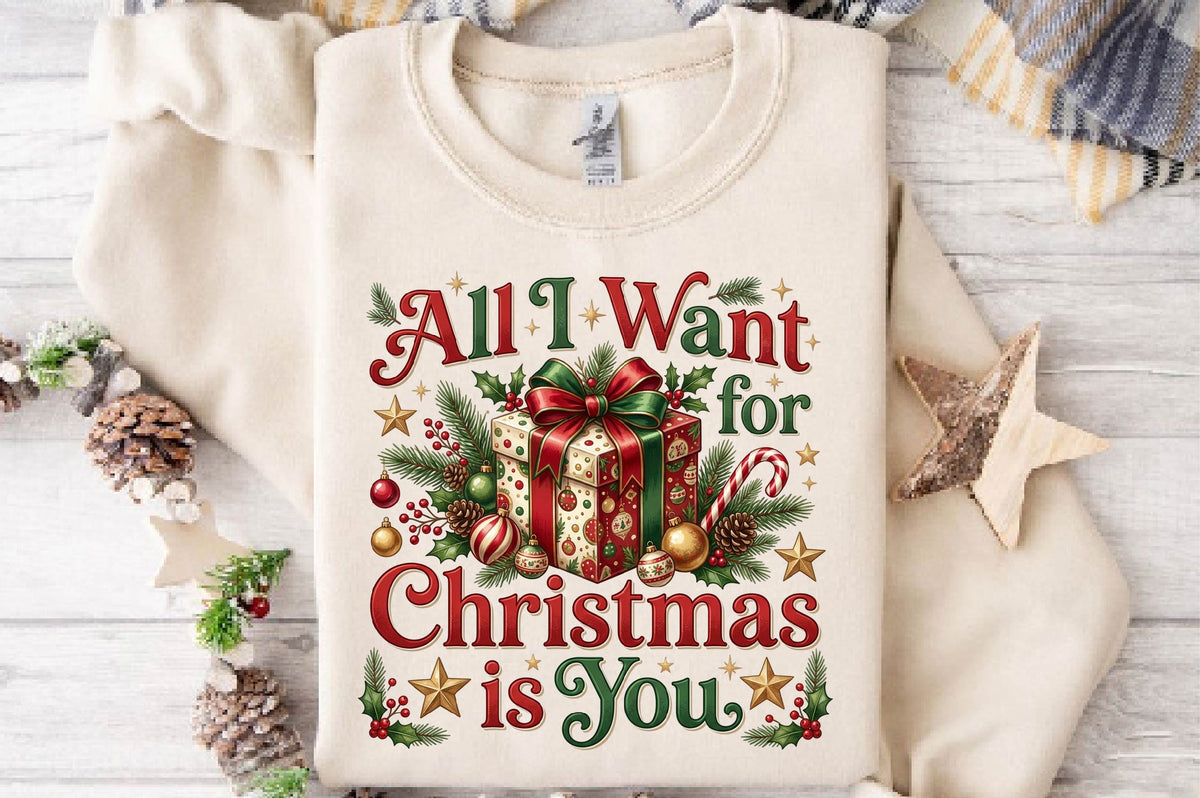 All I Want for Christmas PNG, Christmas Gift Box Holiday Sublimation Design, Festive Xmas Shirt Design