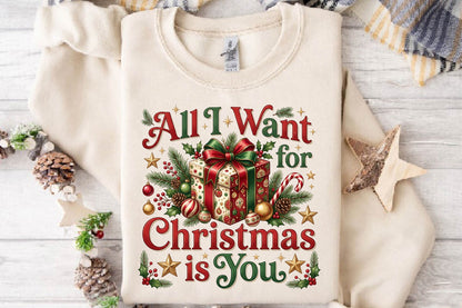 All I Want for Christmas PNG, Christmas Gift Box Holiday Sublimation Design, Festive Xmas Shirt Design