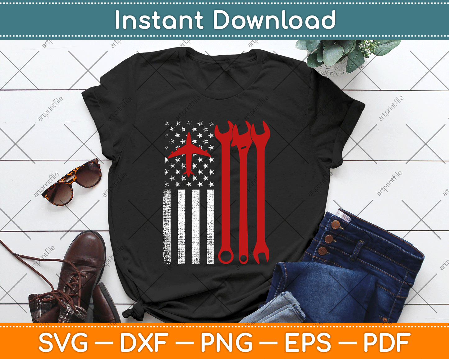 American Flag 4th of July Airplane Mechanic SVG Digital Cutting File