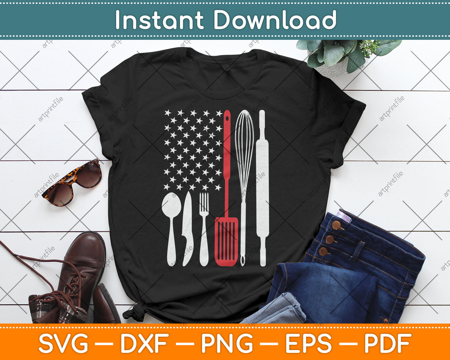 American Flag Chef Father's Day 4th Of July Red Line Svg Digital Cutting File