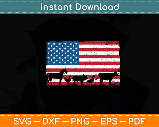 American Flag 4th of July Chicken Horse Cow Pig Farm Svg Digital Cutting File