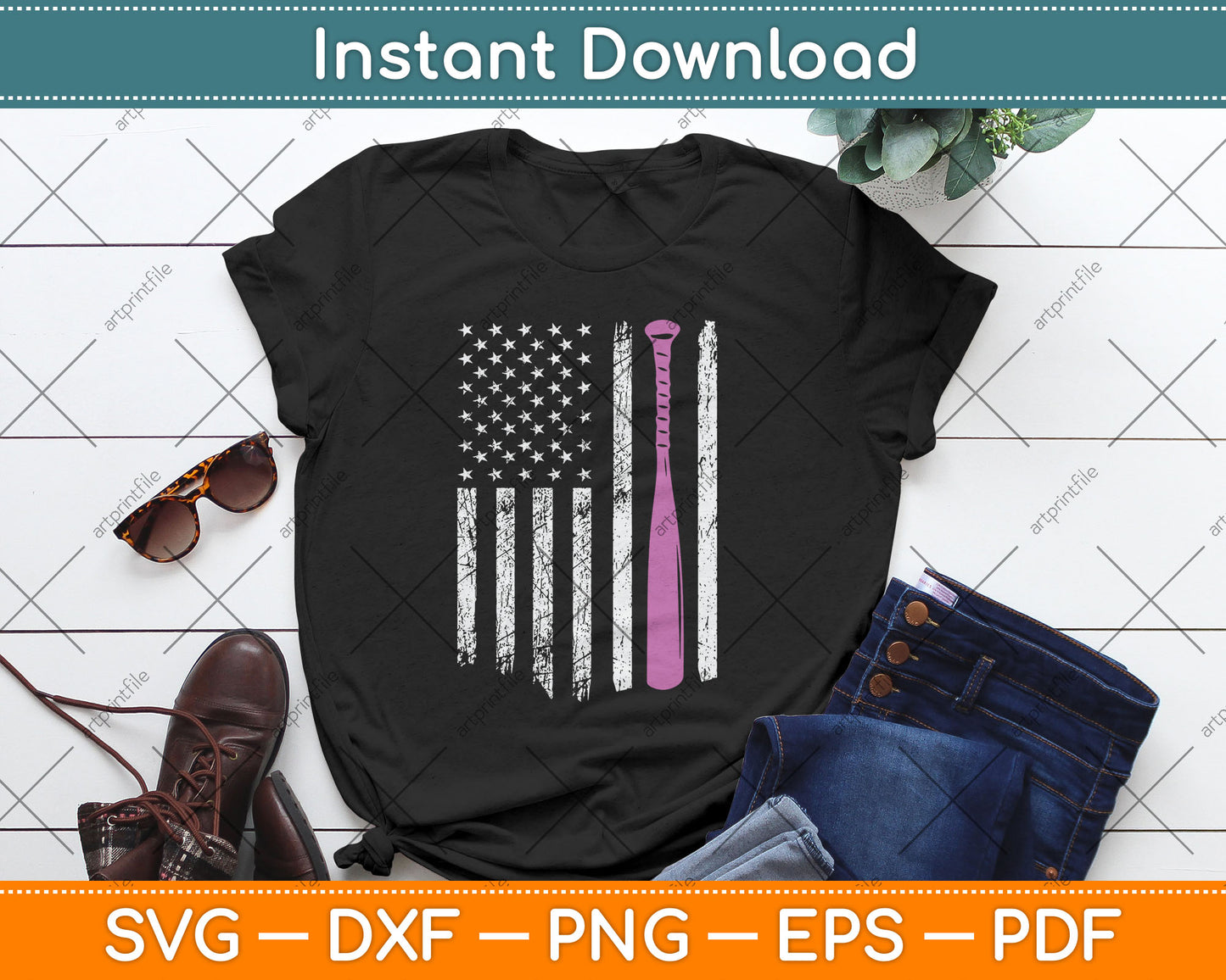 American Flag Softball Players And Pink Bat Svg Digital Cutting File