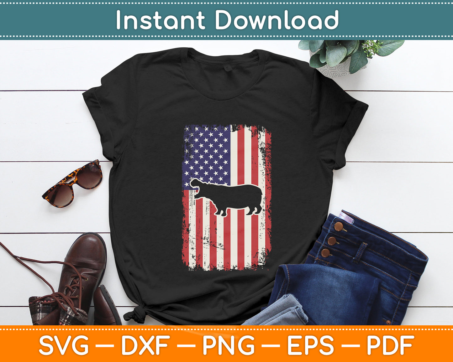 American US Flag Hippopotamus Svg Png Dxf Digital Cutting File