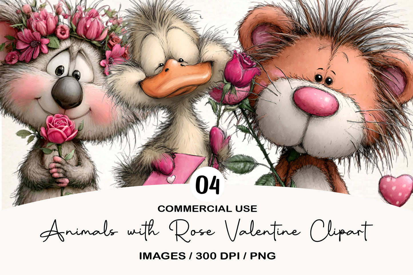Animals with Rose Valentine Clipart PNG Bundle | Cute Watercolor Valentine Animal Clipart