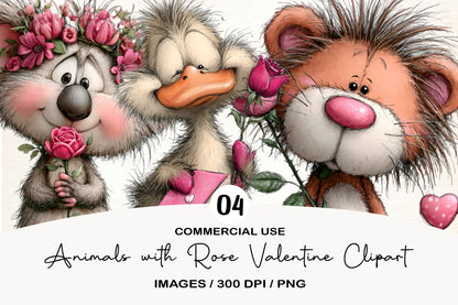 Animals with Rose Valentine Clipart PNG Bundle | Cute Watercolor Valentine Animal Clipart