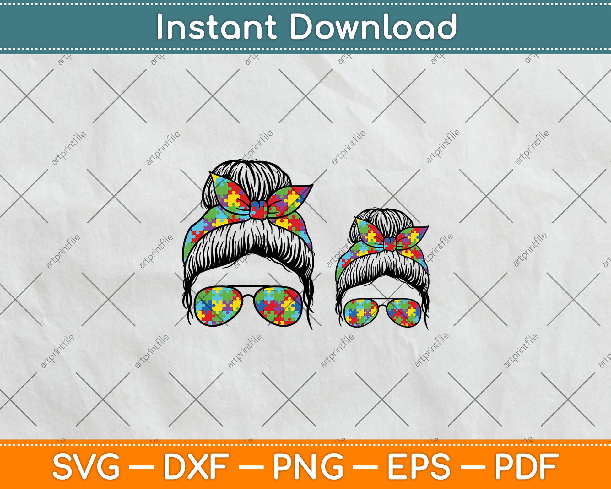Autism Mom And Kid Life Messy Bun Sunglasses Bandana Svg Digital Cutting File