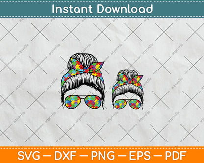 Autism Mom And Kid Life Messy Bun Sunglasses Bandana Svg Digital Cutting File
