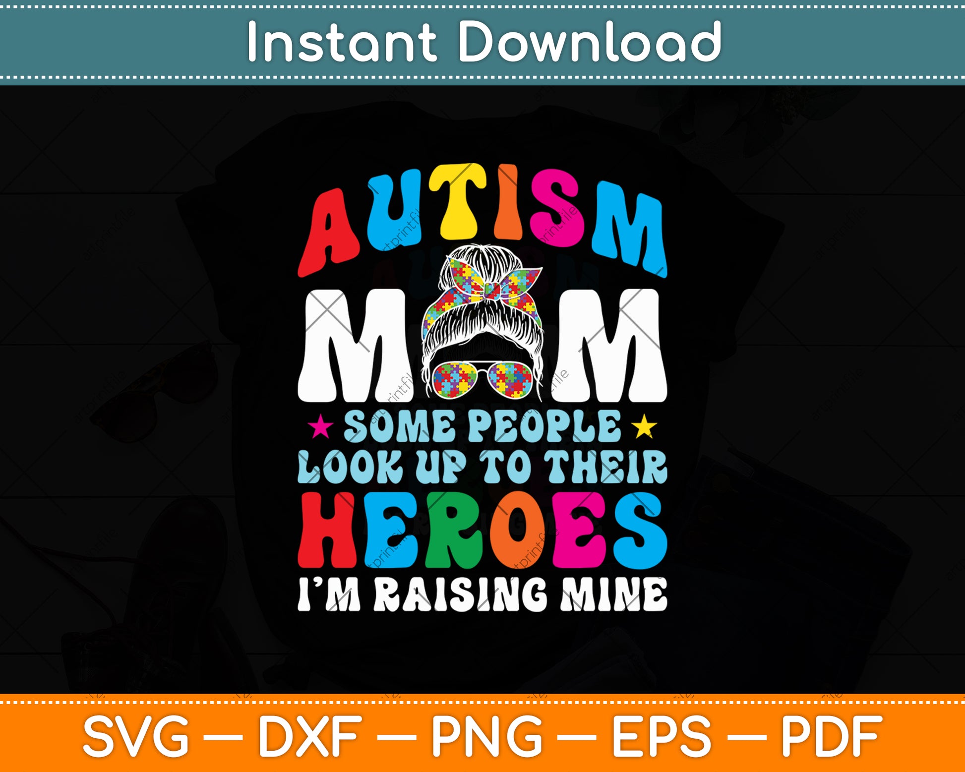 Autism Mom Raising Hero Groovy Messy Bun Autism Awareness Svg Digital Cutting File