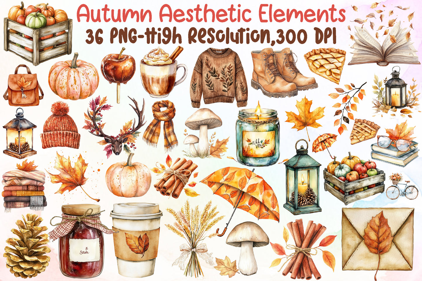 Autumn Aesthetic Elements PNG Bundle Fall Cozy Clipart Collection