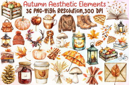 Autumn Aesthetic Elements PNG Bundle Fall Cozy Clipart Collection