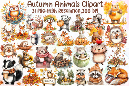 Autumn Animals Clipart PNG Bundle Cute Woodland Fall Animal Collection