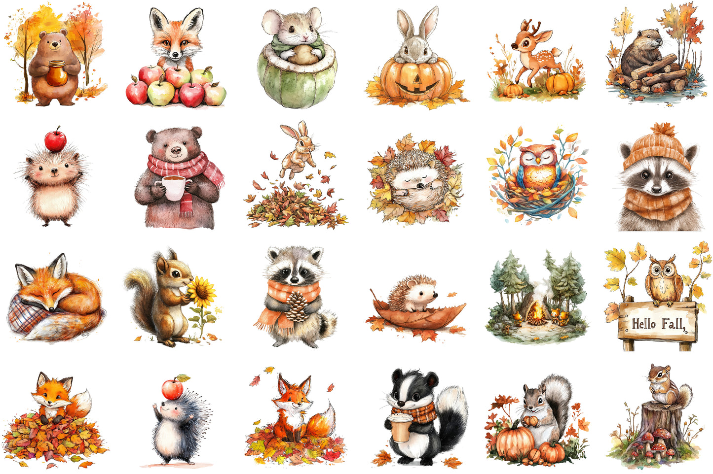 Autumn Animals Clipart PNG Bundle Cute Woodland Fall Animal Collection