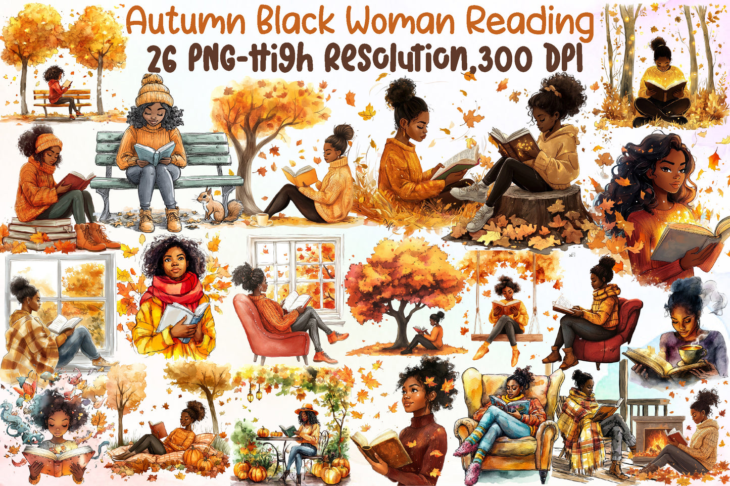 Autumn Black Woman Reading PNG Bundle Cozy Fall Book Lover Clipart
