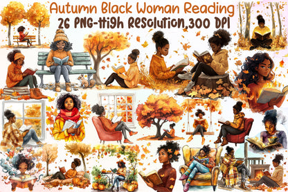 Autumn Black Woman Reading PNG Bundle Cozy Fall Book Lover Clipart