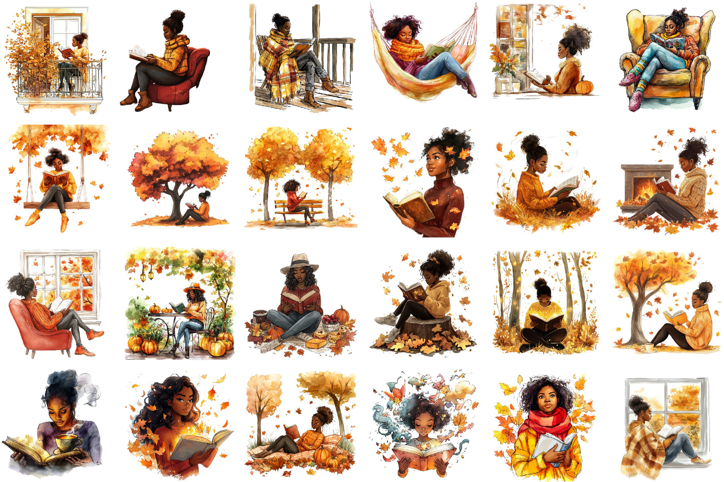 Autumn Black Woman Reading PNG Bundle Cozy Fall Book Lover Clipart
