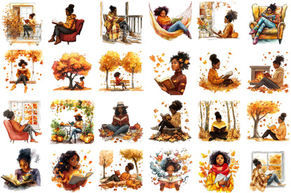 Autumn Black Woman Reading PNG Bundle Cozy Fall Book Lover Clipart