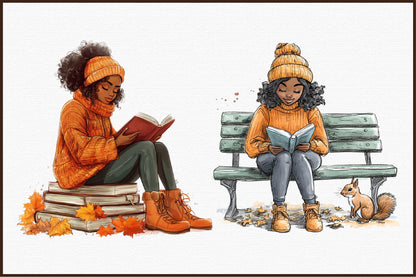 Autumn Black Woman Reading PNG Bundle Cozy Fall Book Lover Clipart