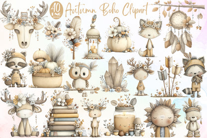 Autumn Boho PNG Bundle Fall Watercolor Clipart