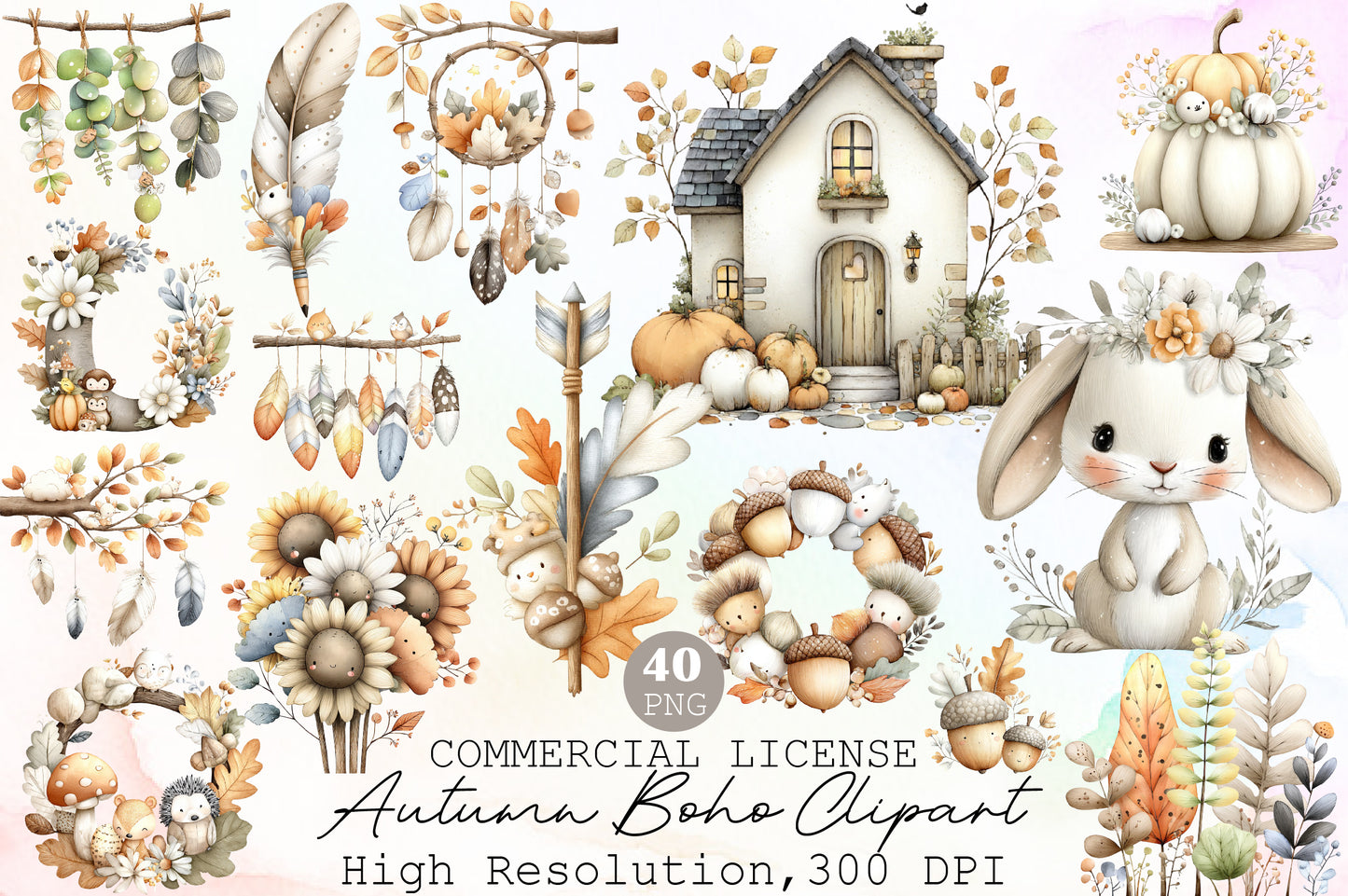 Autumn Boho Clipart PNG Bundle Fall Botanical