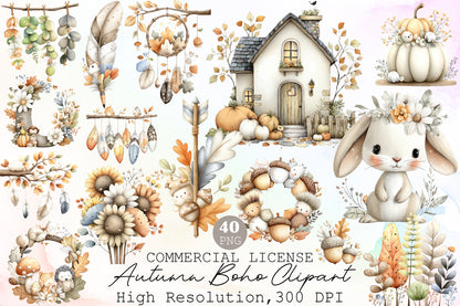 Autumn Boho Clipart PNG Bundle Fall Botanical
