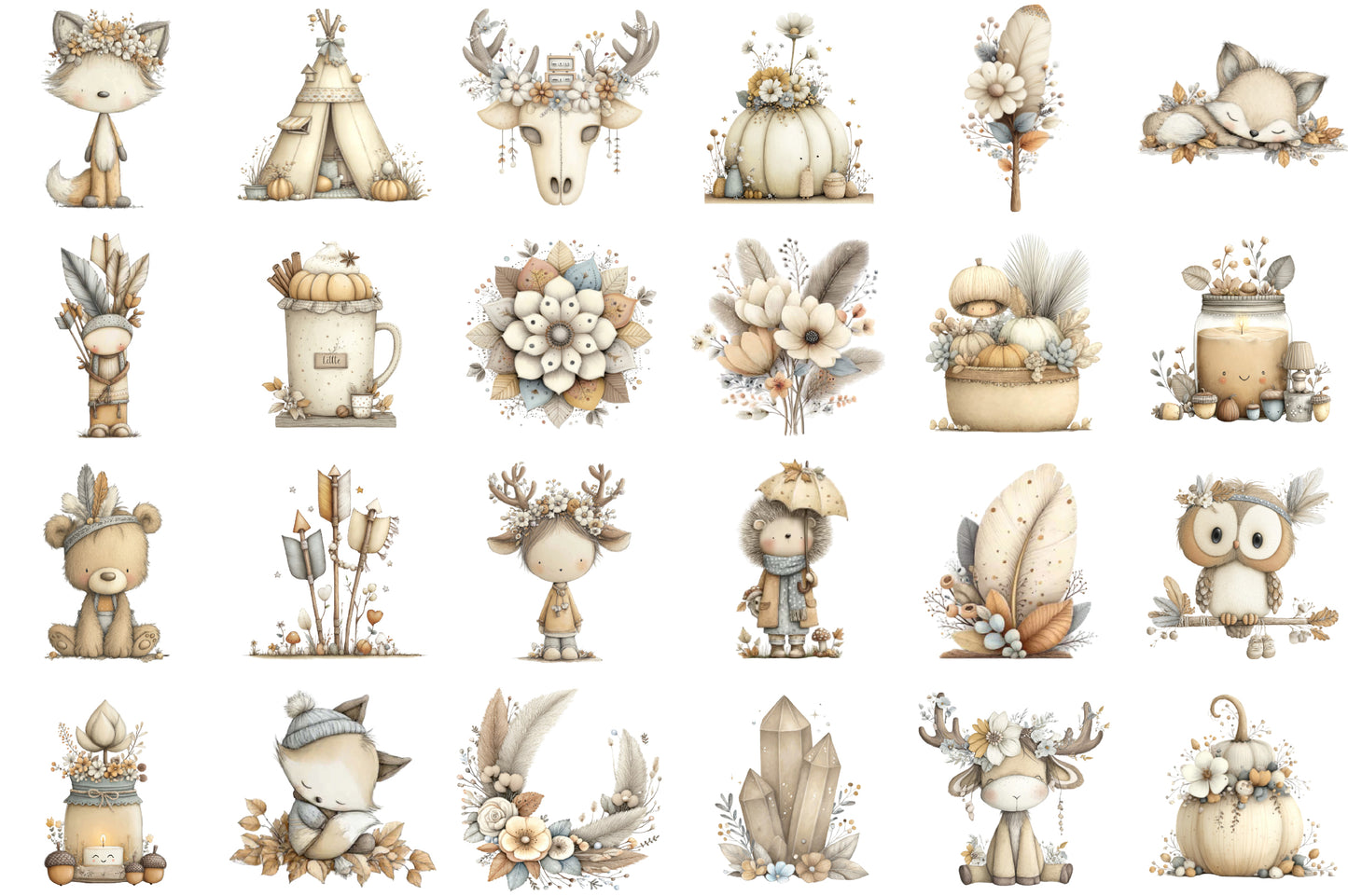Autumn Boho PNG Bundle Fall Watercolor Clipart