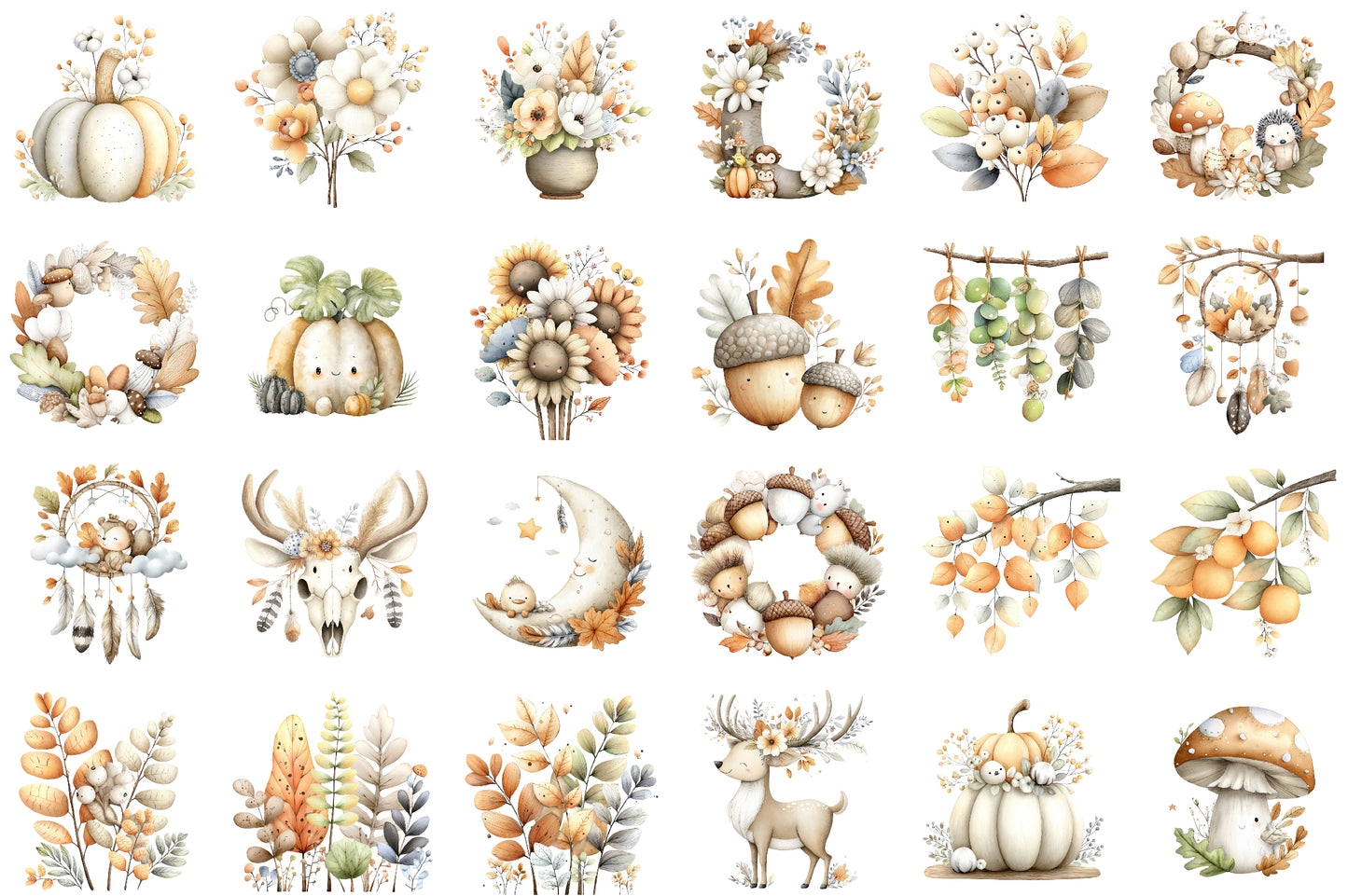 Autumn Boho Clipart PNG Bundle Fall Botanical
