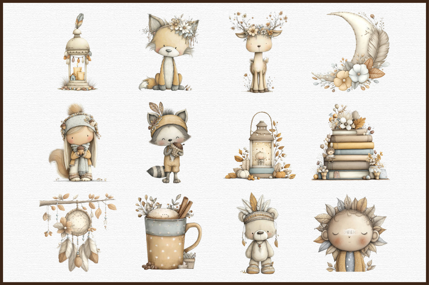 Autumn Boho PNG Bundle Fall Watercolor Clipart