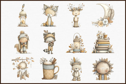 Autumn Boho PNG Bundle Fall Watercolor Clipart