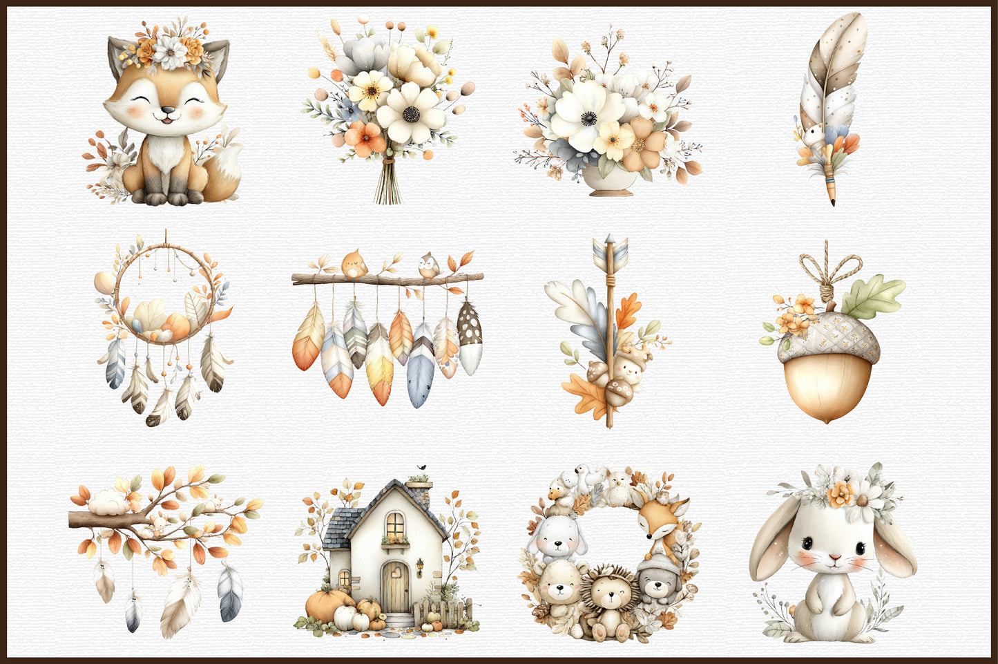 Autumn Boho Clipart PNG Bundle Fall Botanical