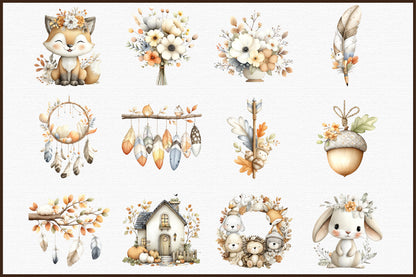 Autumn Boho Clipart PNG Bundle Fall Botanical