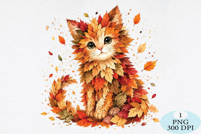 Autumn Fall Leaves Cat Cute PNG
