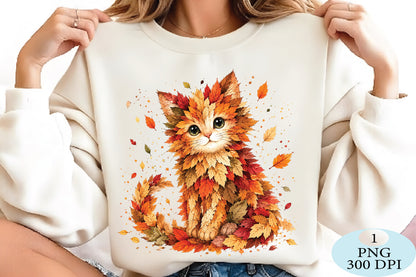 Autumn Fall Leaves Cat Cute PNG
