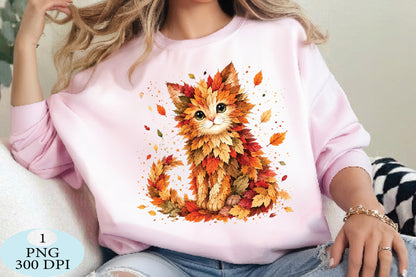 Autumn Fall Leaves Cat Cute PNG