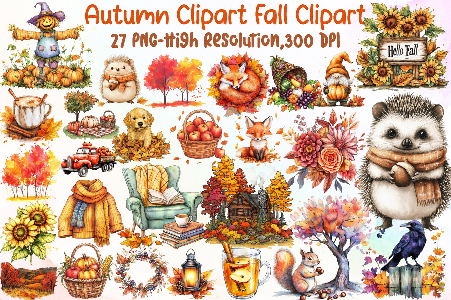 Autumn Fall Clipart Bundle Watercolor Fall PNG Sublimation