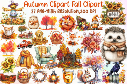 Autumn Fall Clipart Bundle Watercolor Fall PNG Sublimation
