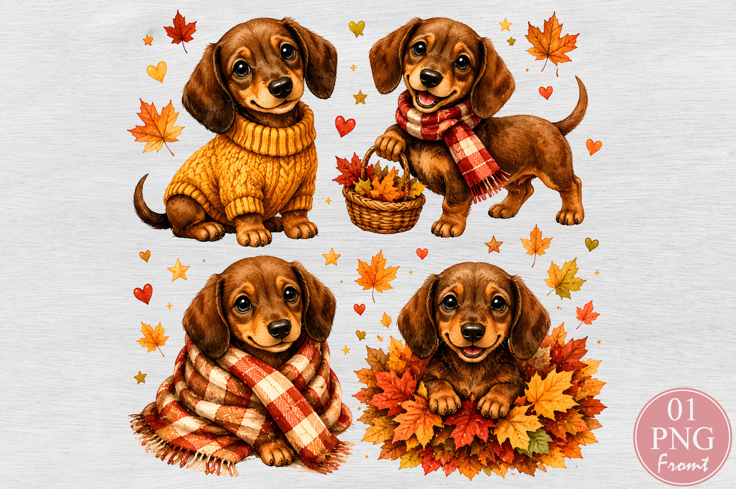 Cute Fall Dachshund Puppies PNG Autumn Dog Sweater Scarf Sublimation Design