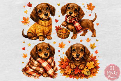 Cute Fall Dachshund Puppies PNG Autumn Dog Sweater Scarf Sublimation Design
