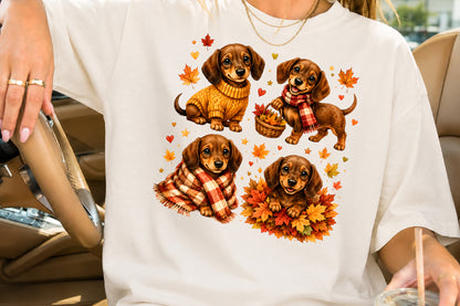 Cute Fall Dachshund Puppies PNG Autumn Dog Sweater Scarf Sublimation Design